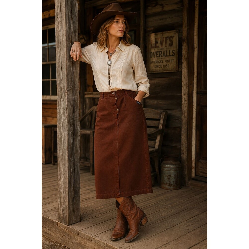Roughrider by Circle T Vintage Brown Denim Maxi Skirt 11/12 Western Y2K 90's